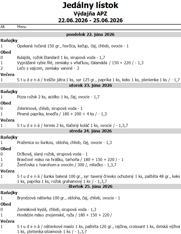 Jedálny lístok 22.6.–25.6.2026