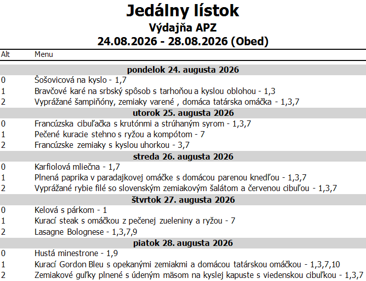 Jedálny lístok 24.–28. 8. 2026