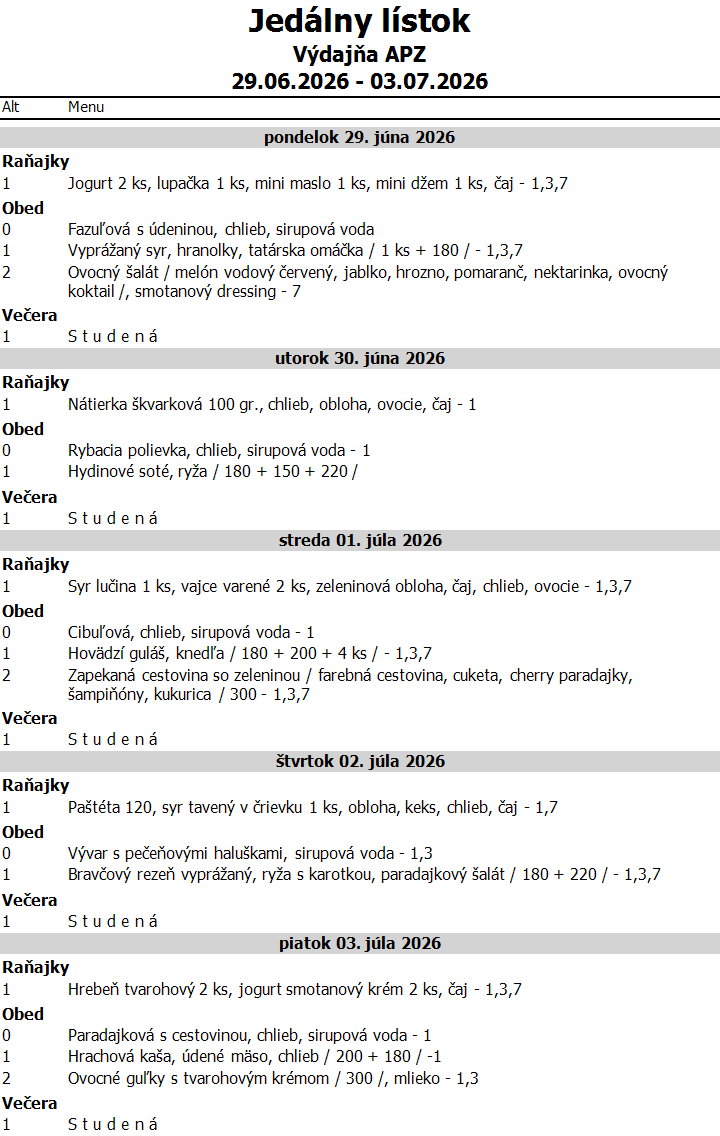 Jedálny lístok 29.6.–3.7.2026
