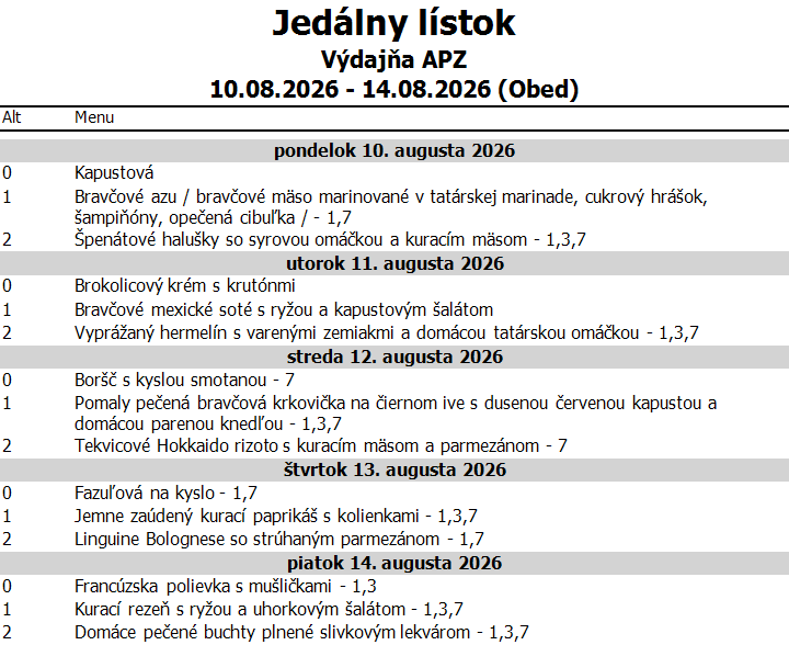 Jedálny lístok 10.–14. 8. 2026
